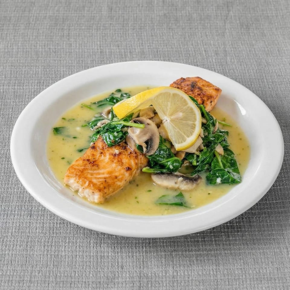 Pan-seared salmon with spinach, mushrooms, and lemon in a creamy sauce on a white plate.