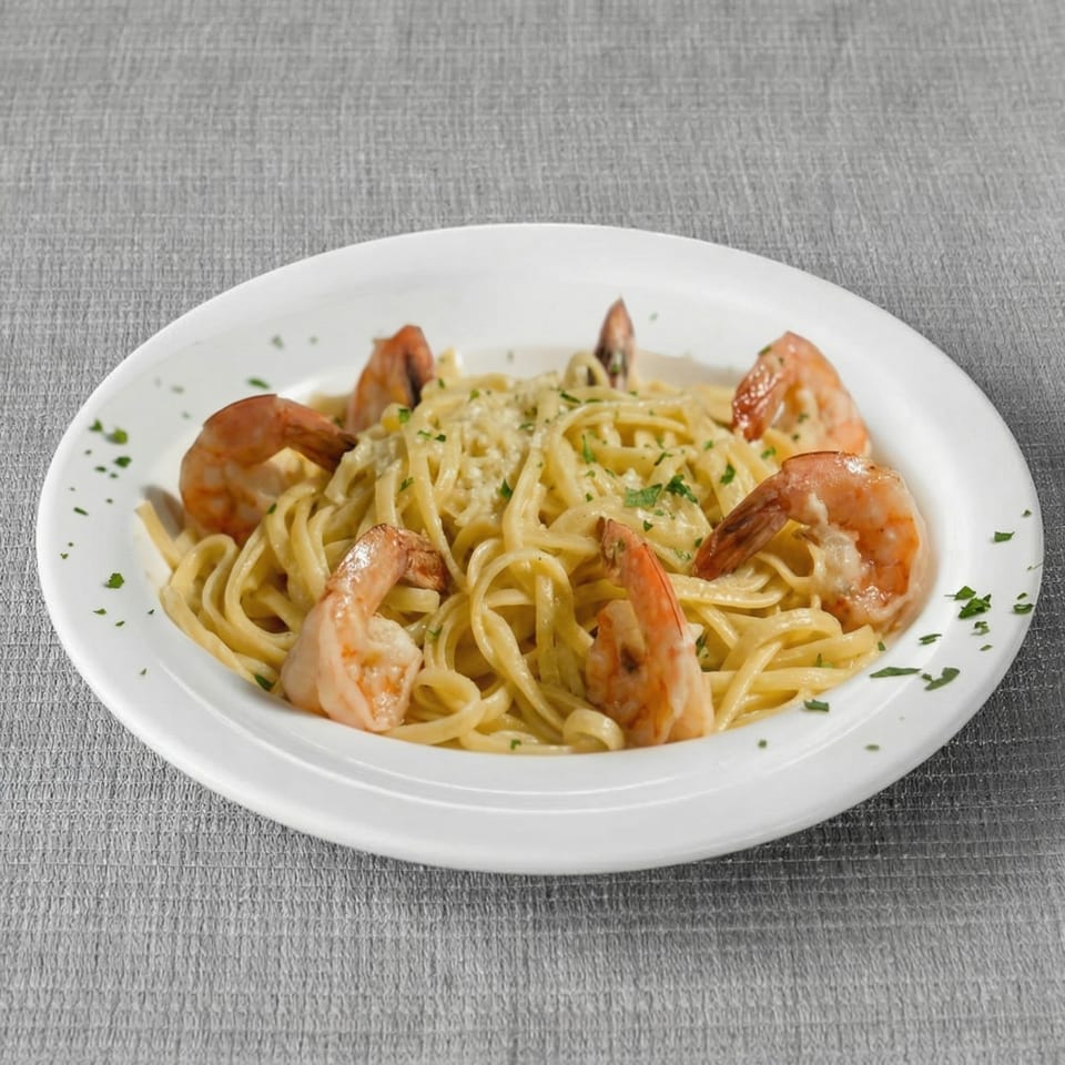 Shrimp scampi with linguine pasta, parmesan cheese, and parsley on a white plate.