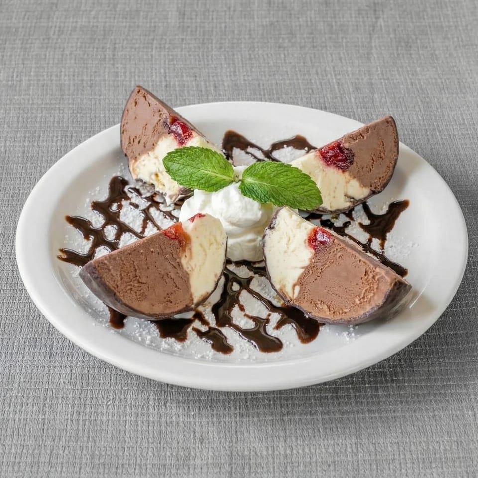 Four chocolate and vanilla ice cream slices with cherry filling, whipped cream, mint, and chocolate drizzle.