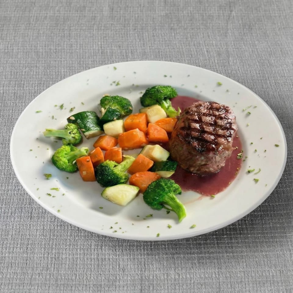 Grilled steak with red wine sauce, broccoli, carrots, and zucchini on a white plate.