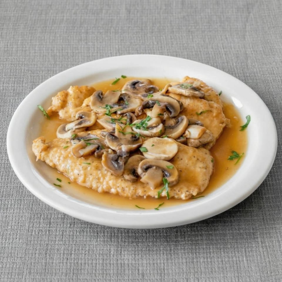 Chicken cutlets with sliced mushrooms and a light brown sauce, garnished with parsley on a white plate.