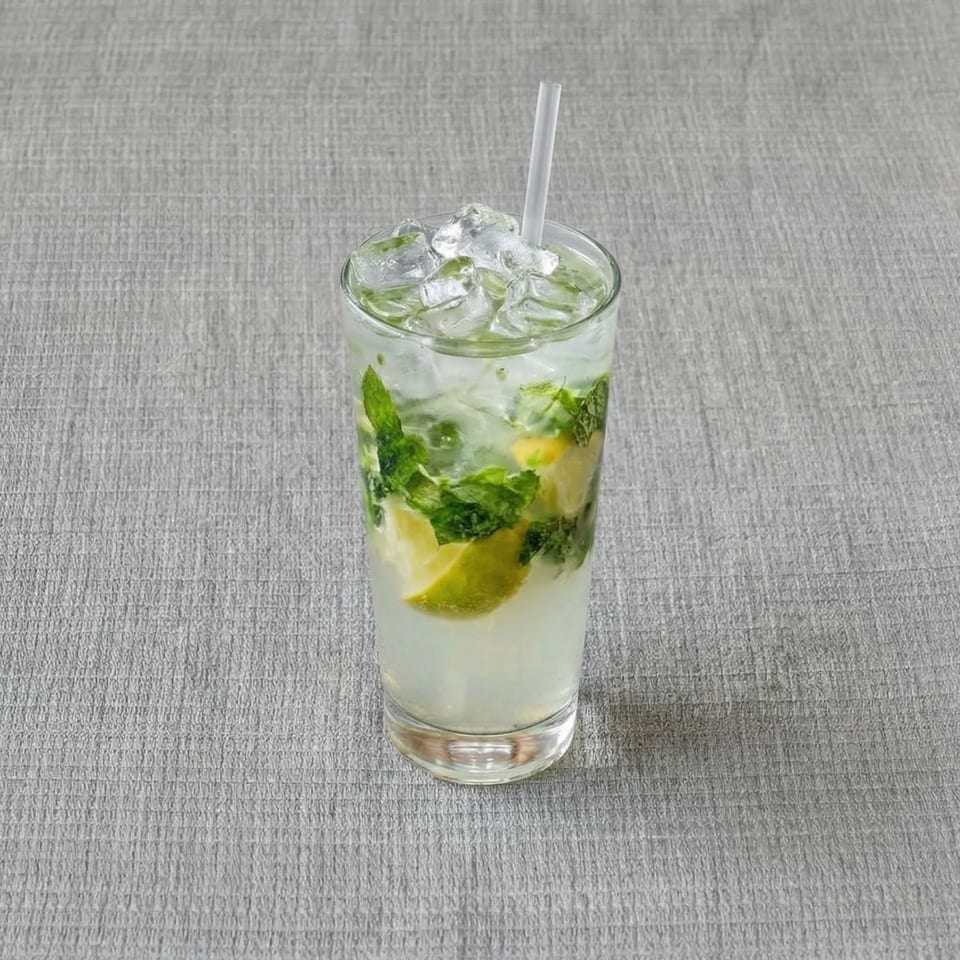 Refreshing mojito cocktail with ice, mint leaves, and lime wedges in a tall glass.