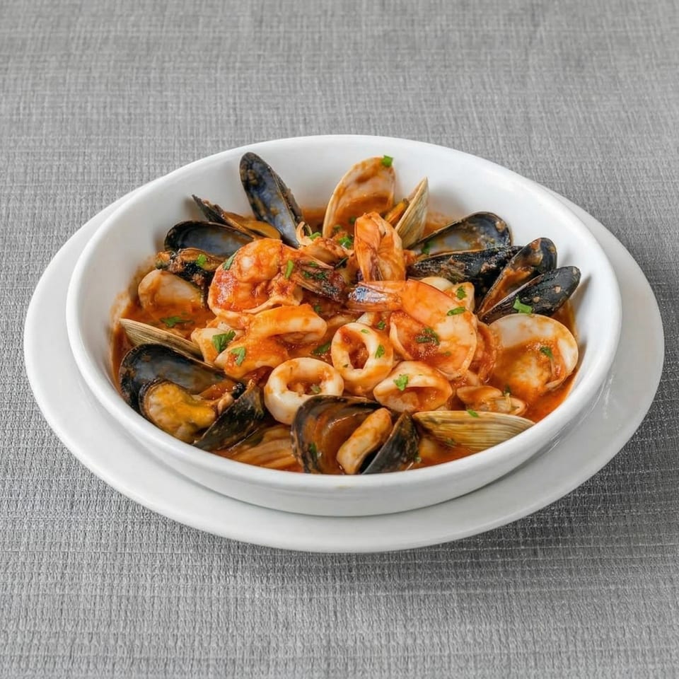 A white bowl filled with seafood pasta, including mussels, clams, shrimp, and calamari in red sauce.